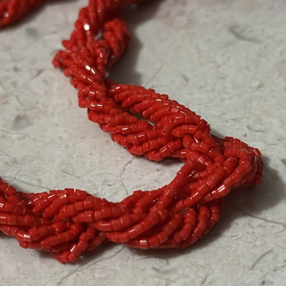 Beaded Necklace and Bracelet Set-Red Seed Beads-Multi Strand Twisted Details-EUC - Picture 6 of 14